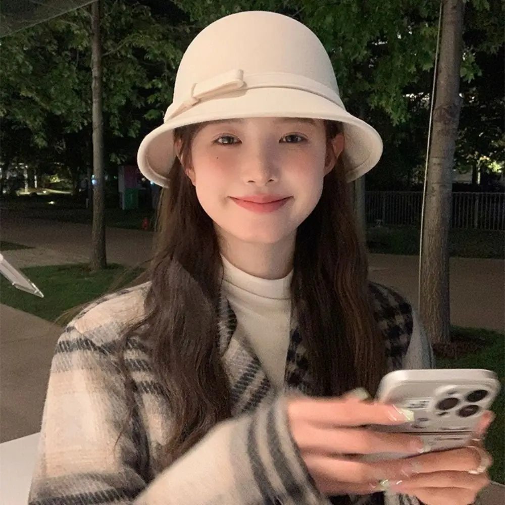 

Elegant Hepburnesque Felt Formal Hat Wealthy Heiress Style Panama Cap Bowknot Bucket Hat British Style Streetwear