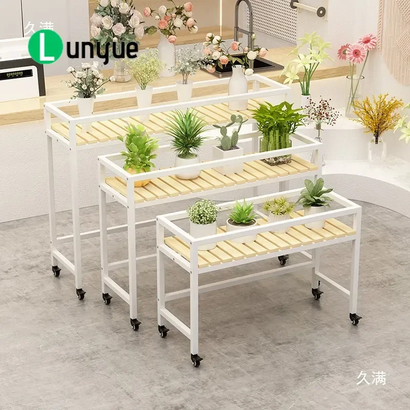 Solid Wood Flower Stand Wrought Iron Succulent Rack Removable Sun Protection Plant Display Shelf for Flower Shop Home Garden