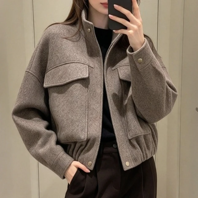 Chic Herringbone Bomber Jacket Zip Up Stand Collar Long Sleeve Pockets Loose Fit Thick Warm Casual Fall Winter Outerwear Coat