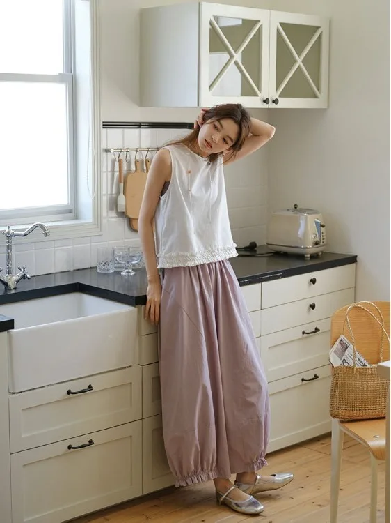 Set Vest Wanita Desain Renda Musim Panas 2025, Atasan Warna Polos Dua Potong, Modis, Trendi, Kerah Bulat