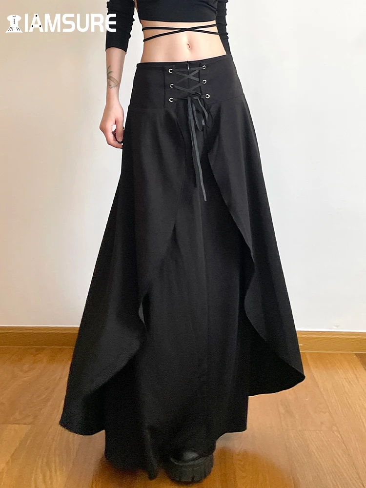 

IAMSURE Dark Dark Academia Aesthetic Bandage Split A-Line Skirt Gothic Slim Mid-Waisted Maxi Skirts Women 2023 Fashion Ladies