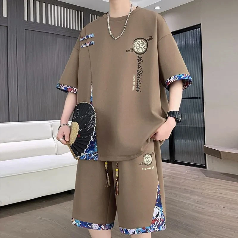 Chinese Style Short Sleeve Sportswear Set Casual Summer Outfit for Men Includes Shorts Two Piece Set Polyester Fabric