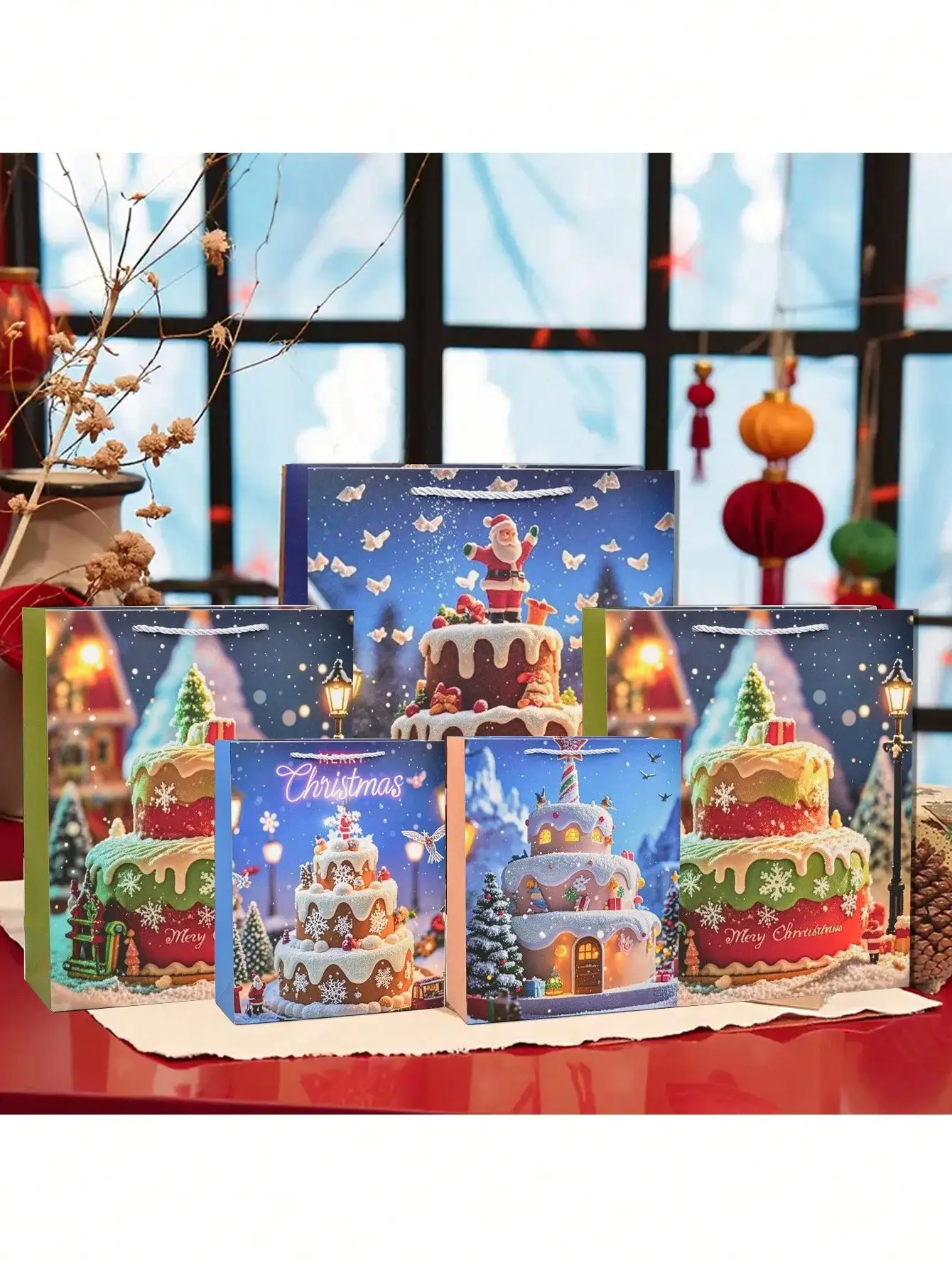 ถุงของขวัญกระดาษสุขสันต์วันคริสต์มาส 4 ชิ้น ลายซานต้าเกล็ดหิมะสำหรับห่อของขวัญงานปาร์ตี้