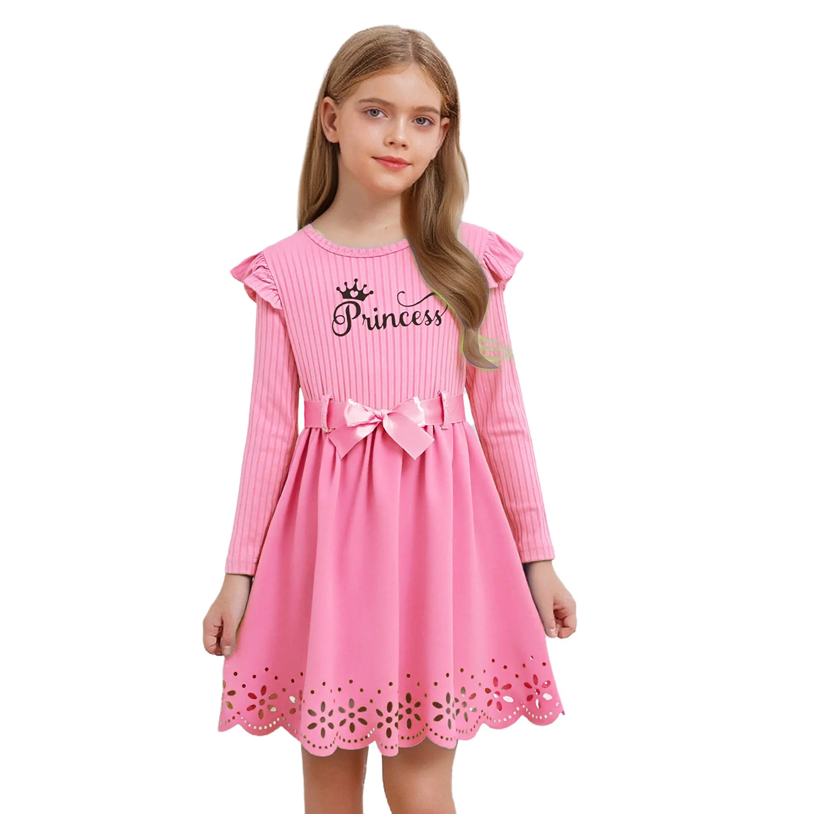 

Kids Girls Dress Cute Ruffles Long Sleeve Hollow Out Floral Hem Letter Printed Dress with Belt for Wedding Birthday Party Dress