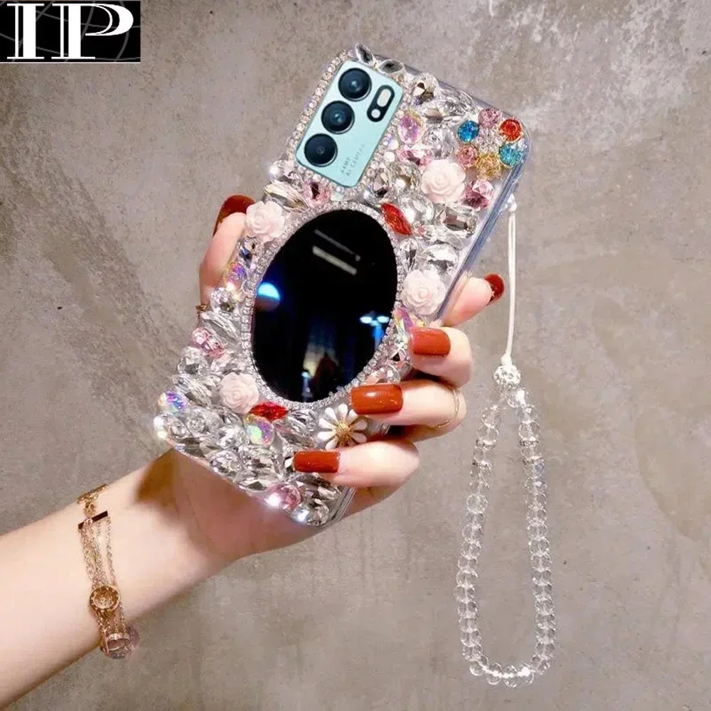 Elegance Flower Diamond Oval Mirror Case for IPhone 15 14 13 12 11 Pro Max Stereoscopic Rhinestone Bumper Cover with Hand Chain