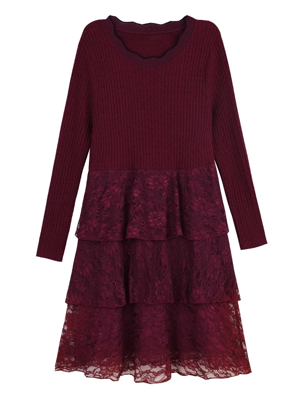 冬の新作プラスサイズニットレーススプライシングスリムケーキドレス女性用ハイウエストカジュアルスリーブ丸首ドレス