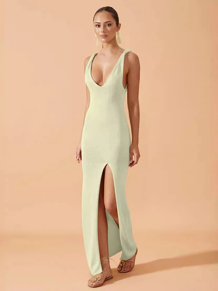 

TARUXY Deep V Backless Split Knit Dress Female Sexy Solid High Waist Slim Maxi Vacation Beach Dresses See Through Summer New