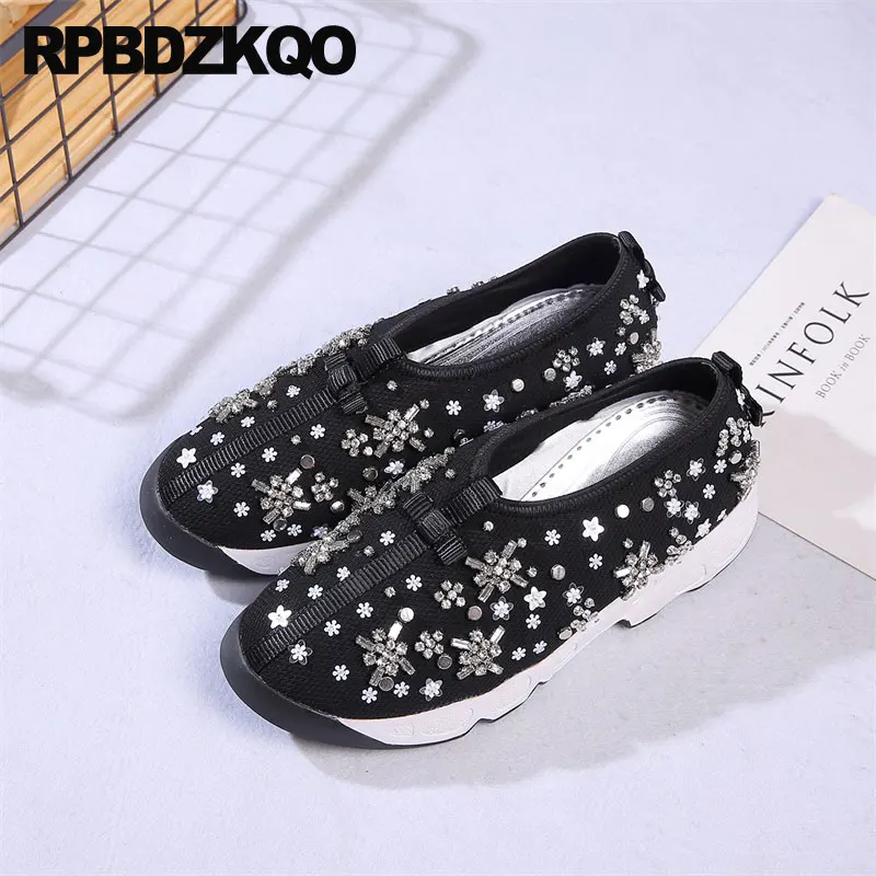 Embroidery Women Flower Ladies Beautiful Flats Shoes Diamond Trainers Black Embroidered Mesh Wedge Sneakers Floral High Quality