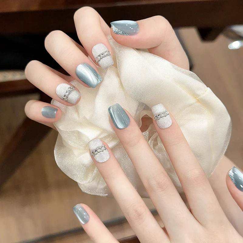 

SKY CLOUD 10pcs Blue Handmade Press On Nails Short Cat Eye Rhinestone Design Full Cover Light Luxury Wearable Manicure Nail Tips