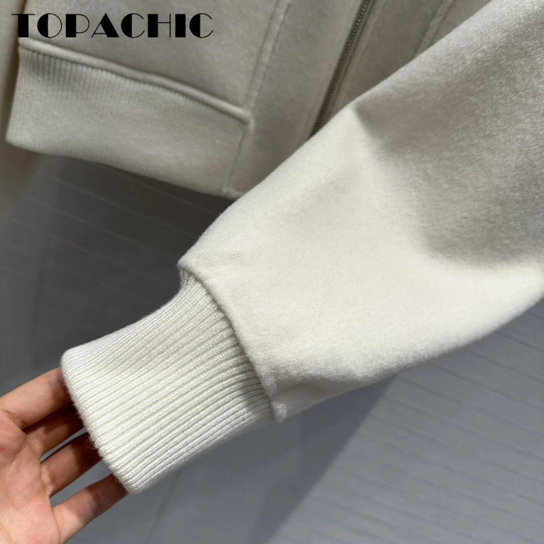 7.24 TOPACHIC-FemaleTemperament Double-Side Cashmere Jacket Ribbed Spliced Stand Collar Big Pocket Zipper Short Outerwear