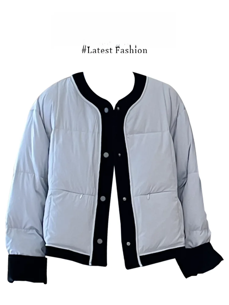 

Parkyeon Women's Short Cotton Jacket Cloud Sensation Bread Style Top Navy Blue Splicing Winter Coat Korean Version Straight Cut