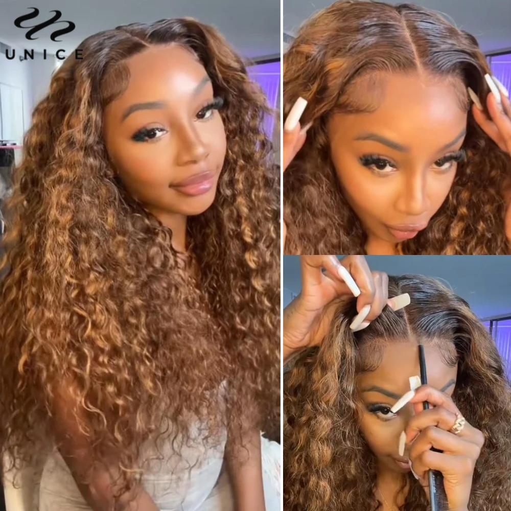 Unice Hair Brown Highlight Water Wave 6x4.75 / 7x5 Lace Closure Wig Pre Cut Pre Bleached Glueless Wig Human Hair Ready To Wear