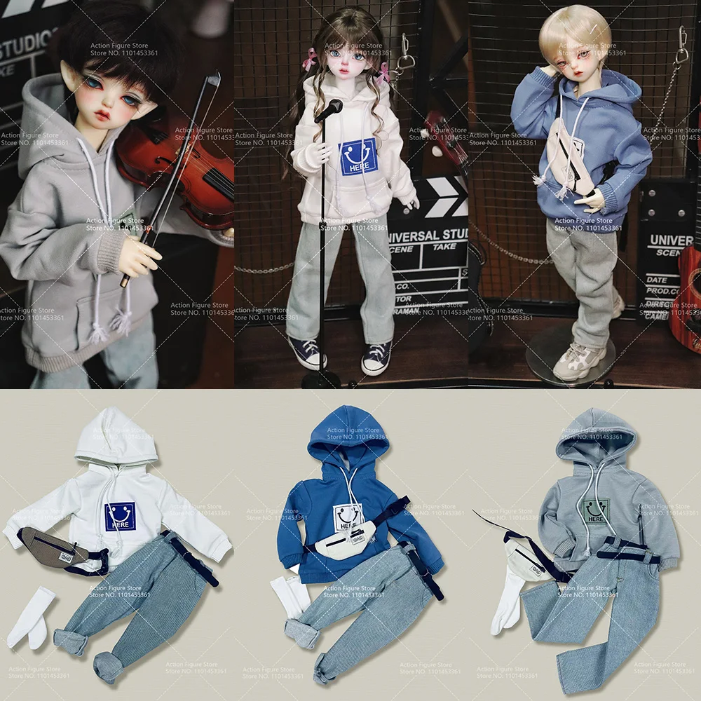 [High Quality] 1/4 Male Female Casual Loose Hooded Sweatshirt Smiling Hoodie Jeans Set with Sling Bag for BJD Action Figure Toys