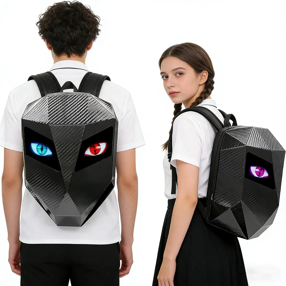 LED Motorcycle Backpack Eyes Glow pattern carbon fiber texture helmet locomotive bag school bag Moto Laptop backpacks