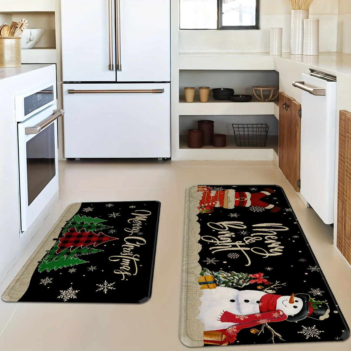 VIKAMA Christmas Snowman Plaid Tree Snowflake Kitchen Rug Set Non Slip Washable Floor Mat Indoor Holiday Decor