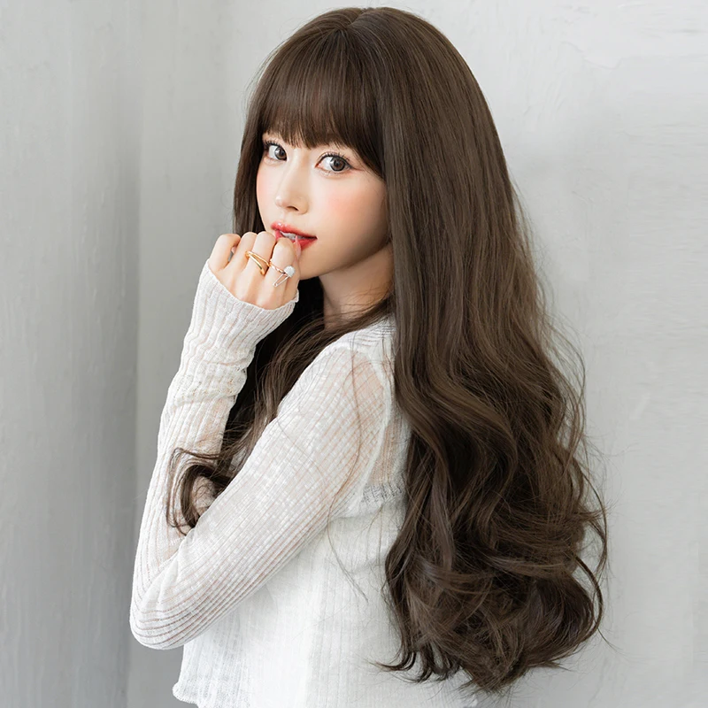 NAMM Light Brown Wigs with Neat Bangs High Density Synthetic Loose Brown Hair Wig for Women Daily Use Beginner Friendly