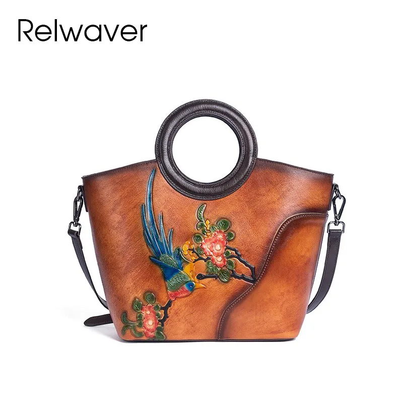 

Relwaver cow leather tote bag bird floral women handbags 2024 spring summer shoulder bag vintage Chinese style crossbody bag