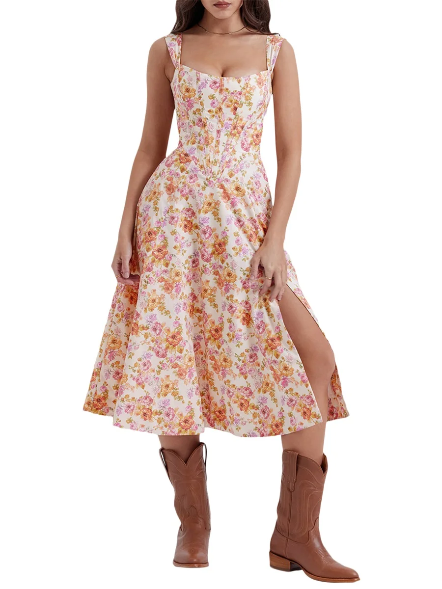 

Women s Floral Sleeveless Spaghetti Strap Tie-Up Flower Print Split Backless Cami Midi Dress Corset Sundress