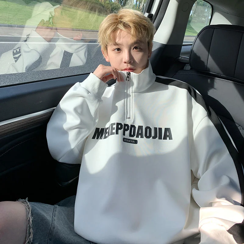

Striped Half-zipper Stand-up Collar Sweatshirt Boys Spring and Autumn Style Hong Kong Teenager Handsome Printed Loose Pullover