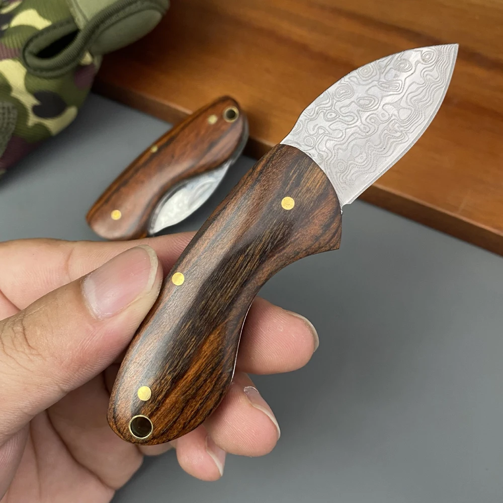 Stainless Steel Self Defense Folding Pocketknife, Wood Handle Portable Mini Keychain Unboxing Knife, Small Camping Pocket Knife