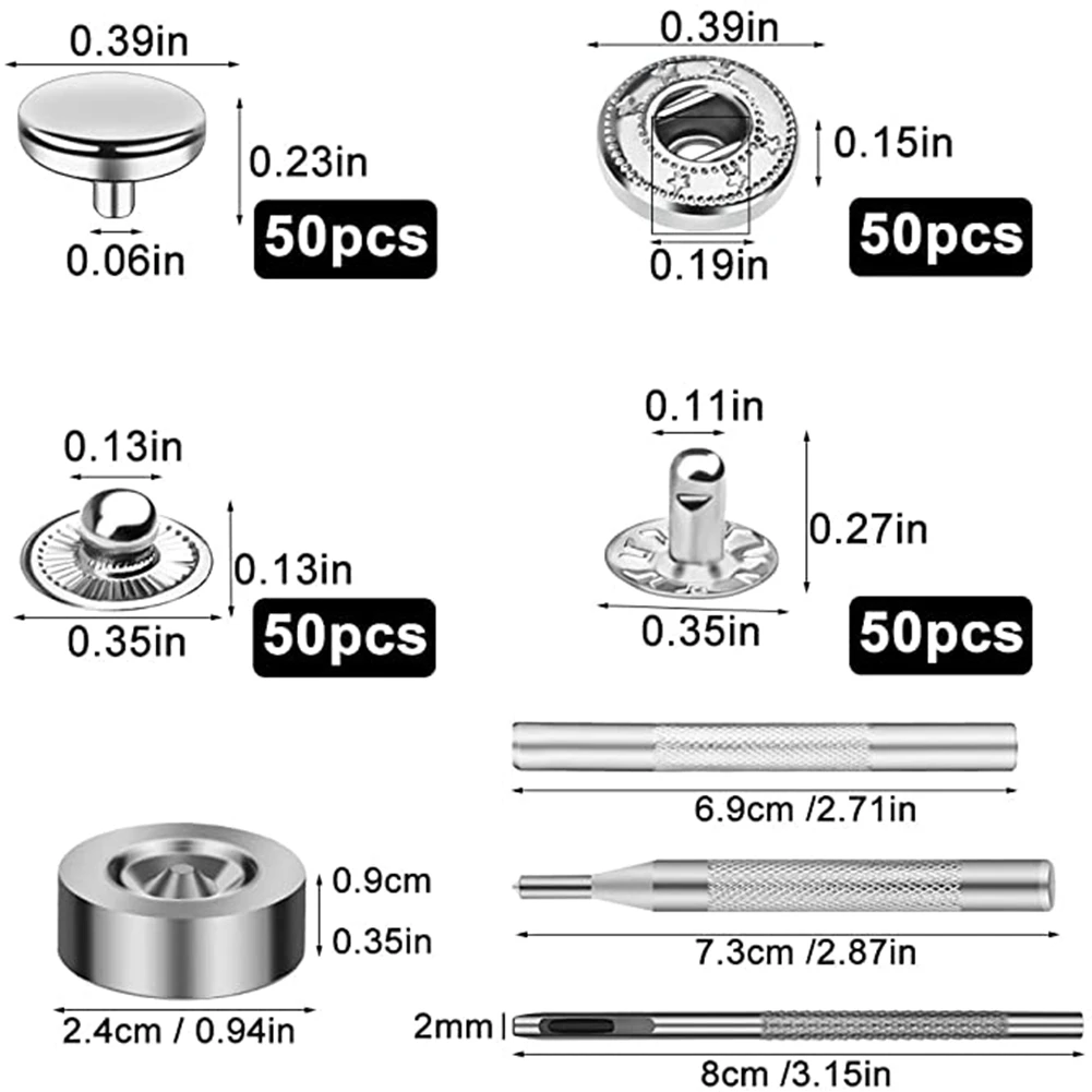 50 set Kit pengencang jepret kulit, jepret logam hitam, jepret kanvas perahu baja tahan karat untuk menjahit pakaian perak