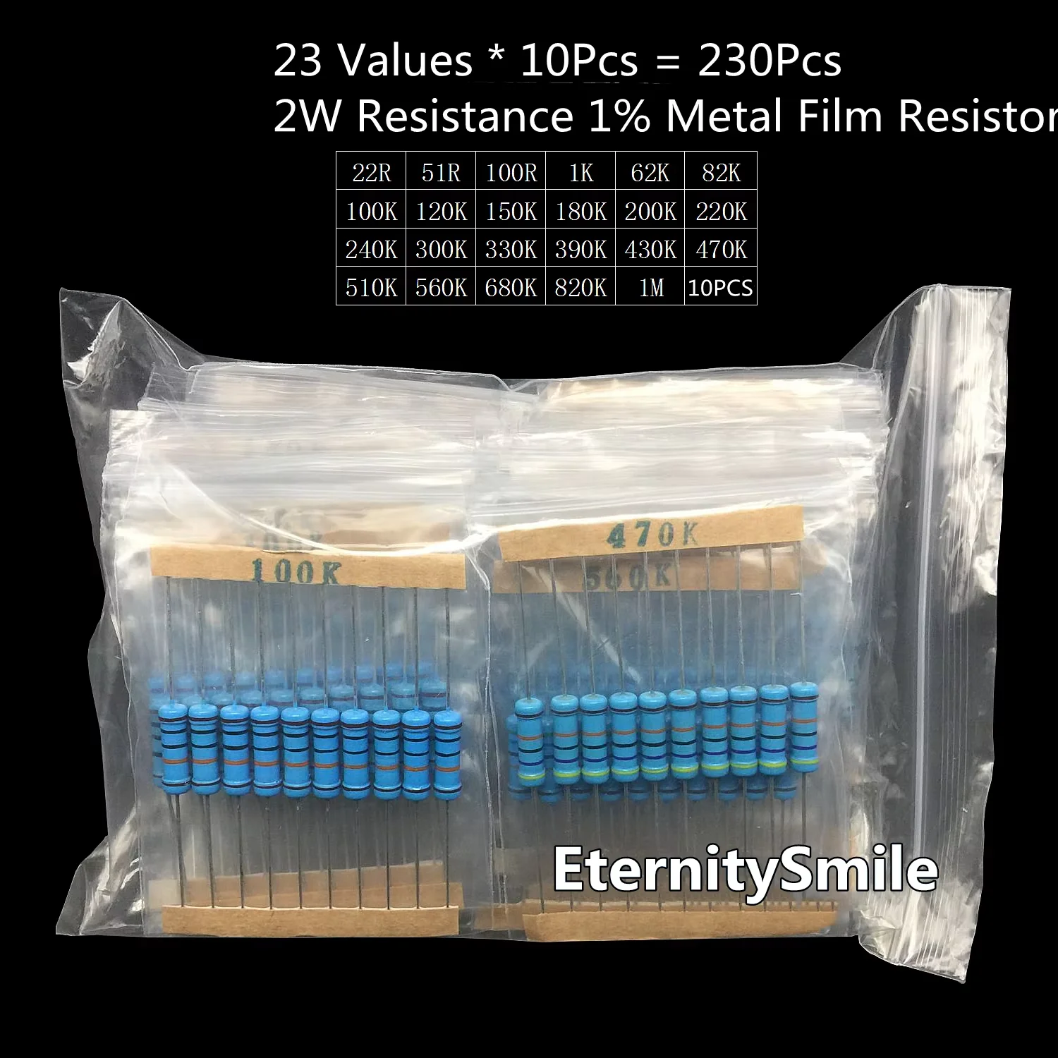 

230PCS/LOT 2W Metal Film Resistor Kit 1% Resistor Assorted Kit Set 22R Ohm-1M Ohm Resistance Pack 23 Values 10Pcs Each