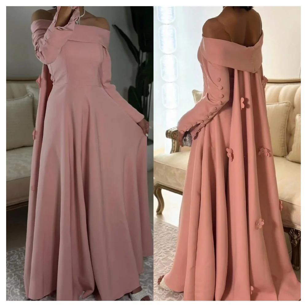 

Customized Elegant Pink Jersey Evening Dress Fashion Boat Neck Off the Shoulder Long Sleeves Party Dress Modern Celebrity Gowns