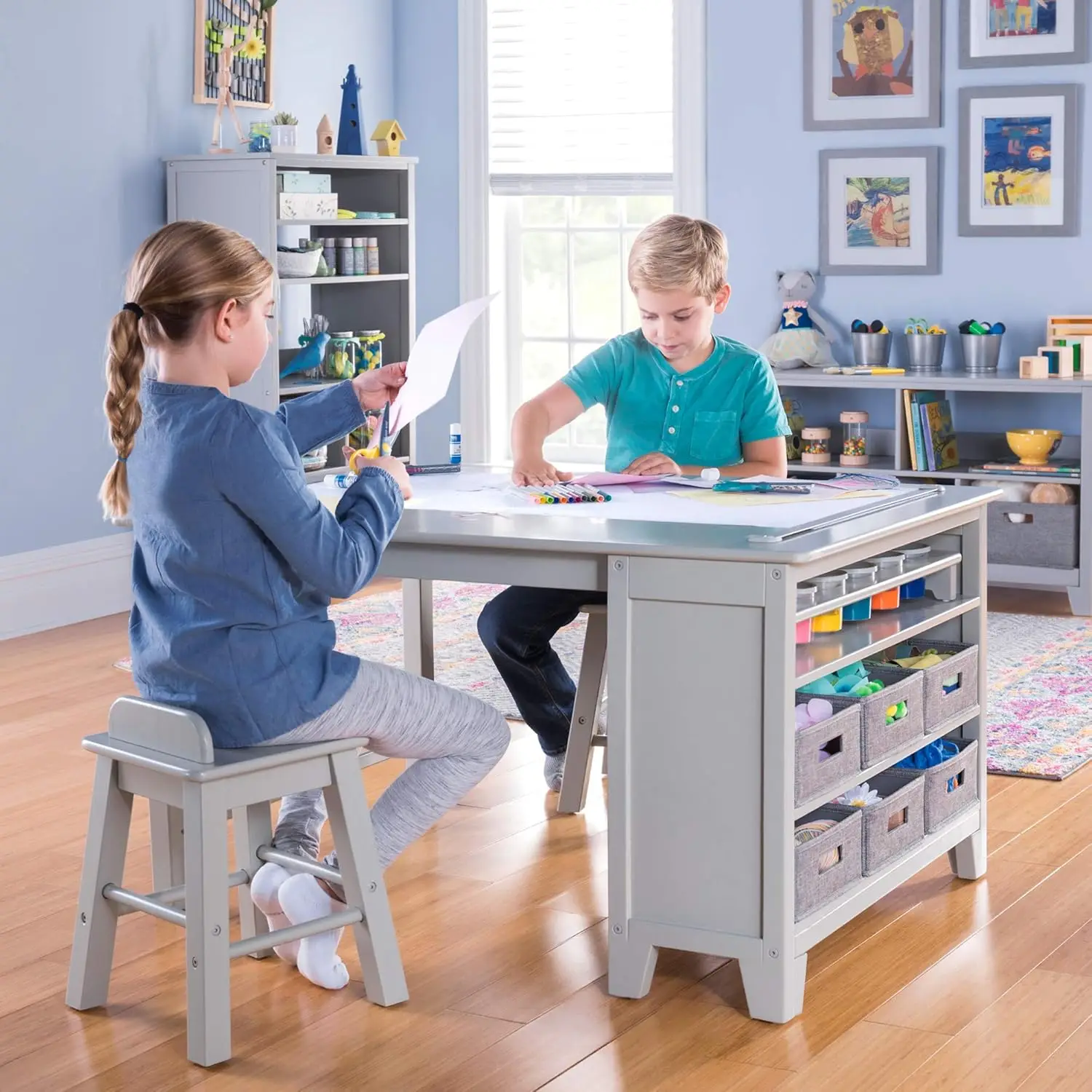 

Stewart Kids' Art Table and Stool Set (Gray) - Wooden Drawing and Painting Desk with Paper Roller, Paint Cups and Removable Craf