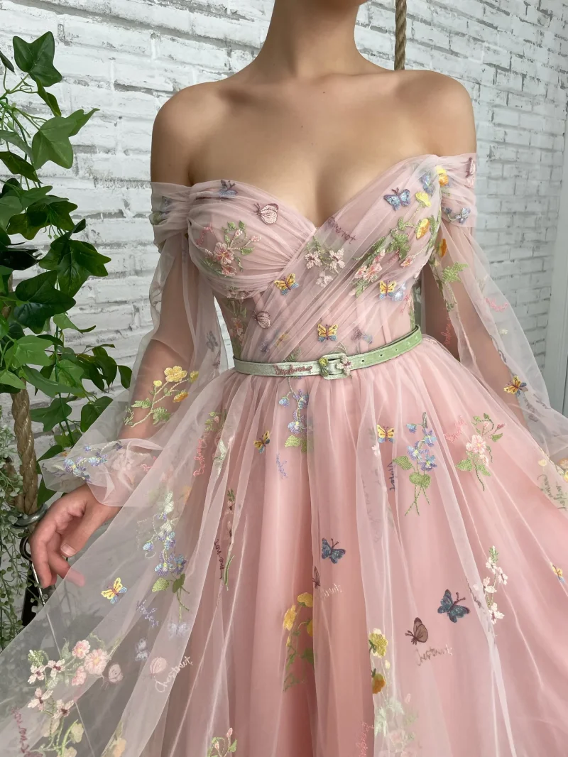 15250# Pastrol Puffy Sleeves Flowers Appliques A-line Wedding Gown Birthday Party Dress Customized Women Prom Evening Dresses