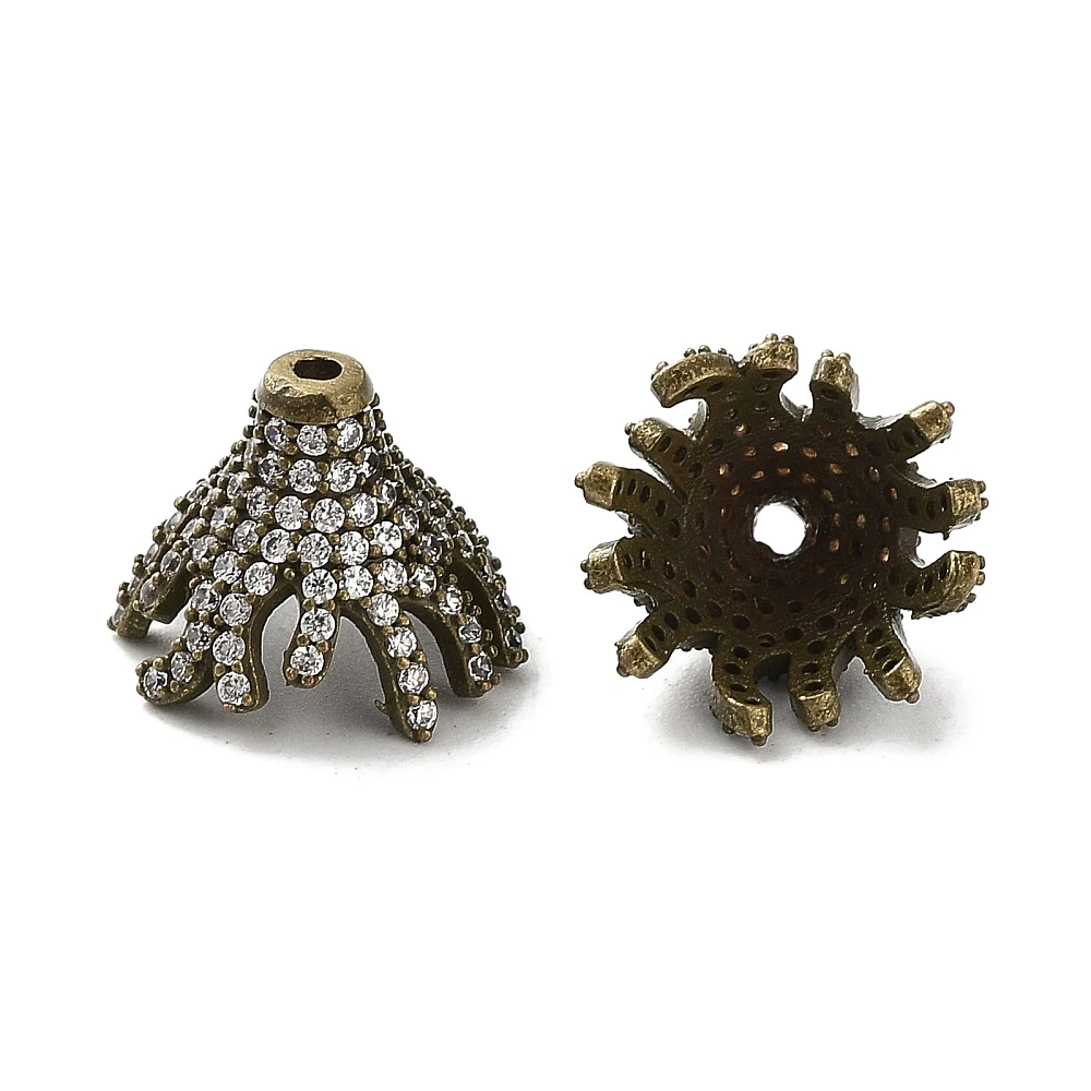 5 Stück Messing-Micro-Pave-Perlenkappen mit klarem Zirkonia, mehrblättrig, 12 x 10 mm, in Gold und Silber für die Herstellung von Schmuckketten – Detail 3