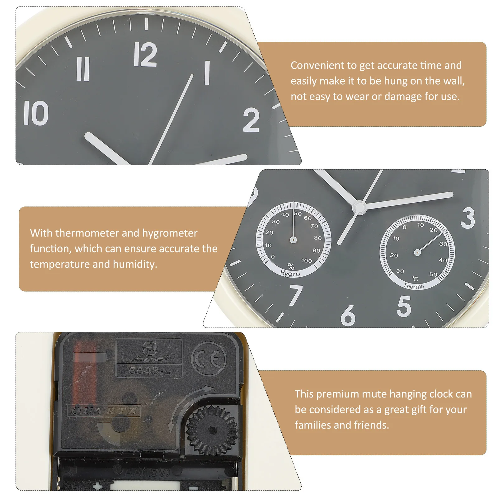 

Round Wall Clock Silent Non-Ticking Decorative Wall Clock For Home Office Thermometer Hygrometer Function