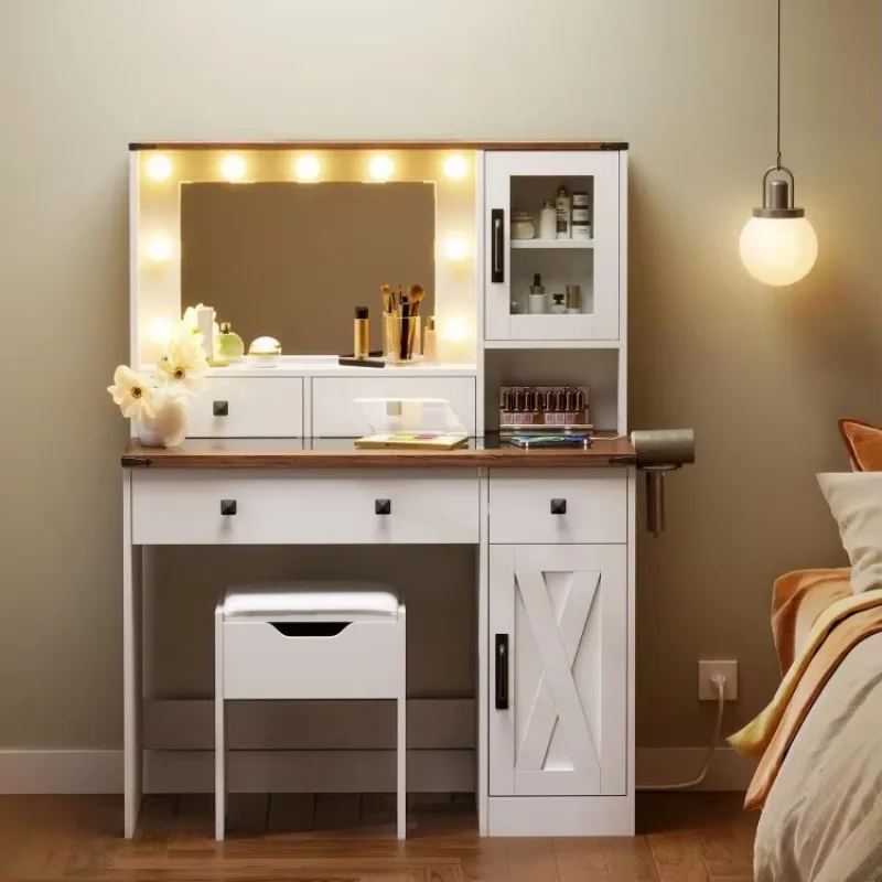 

#c White Vanity Desk with Glass Mirror and Walnut Top, Makeup Table with Light and Charging Station, Dressing Table Set with Sto