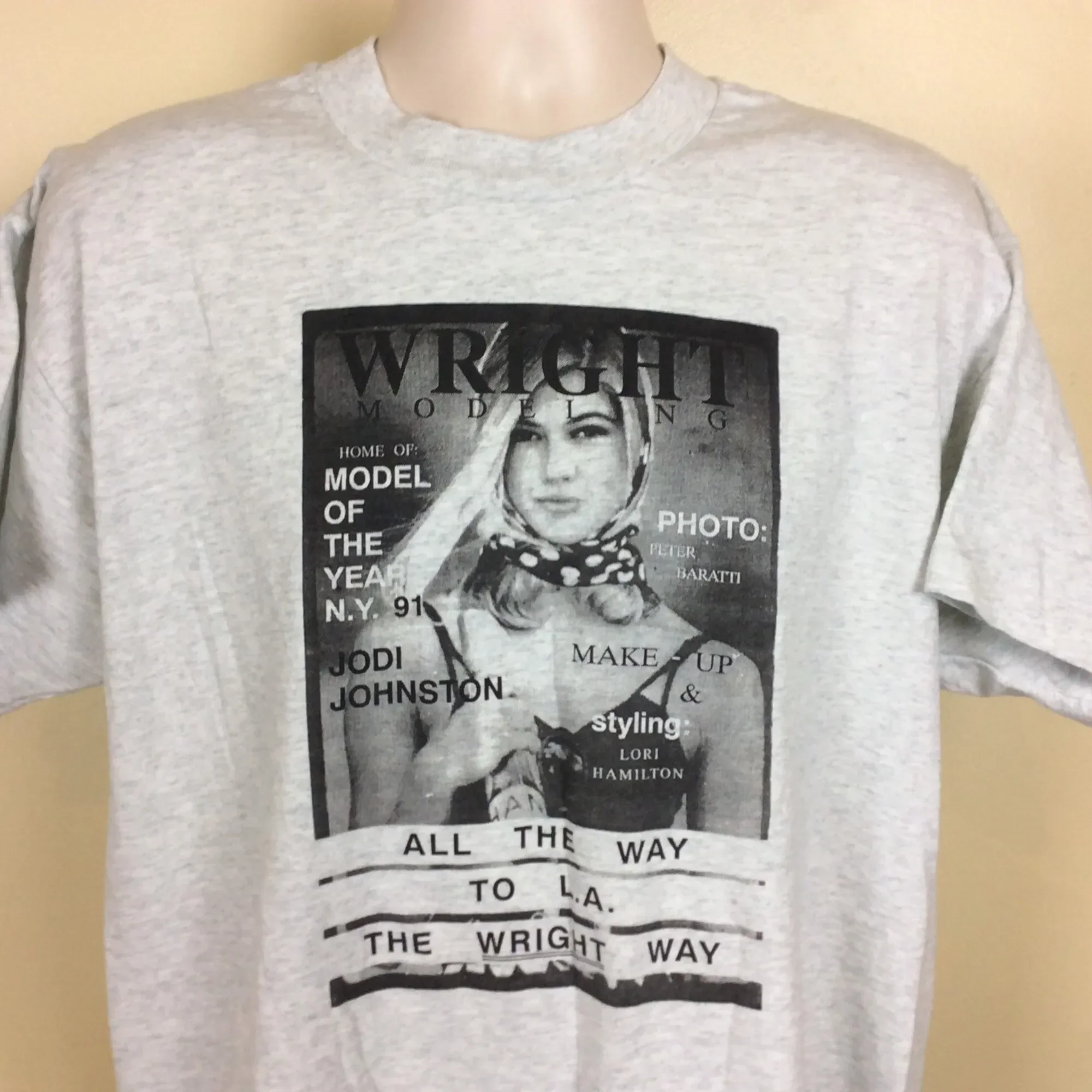 Vtg 90s Wright Modeling Agency Jodi Johnston TShirt Heather Gray XL Fashion Magazine Cover