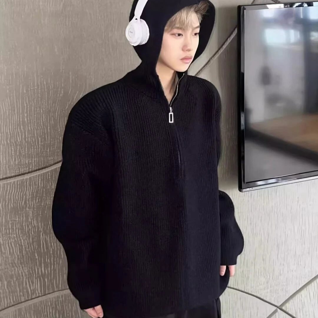 

plus Size Men's Knitted Zipper Sweater Color Korean Sle Winter Faion Student Loose Fit Fat Guy Top Polyester Fiber