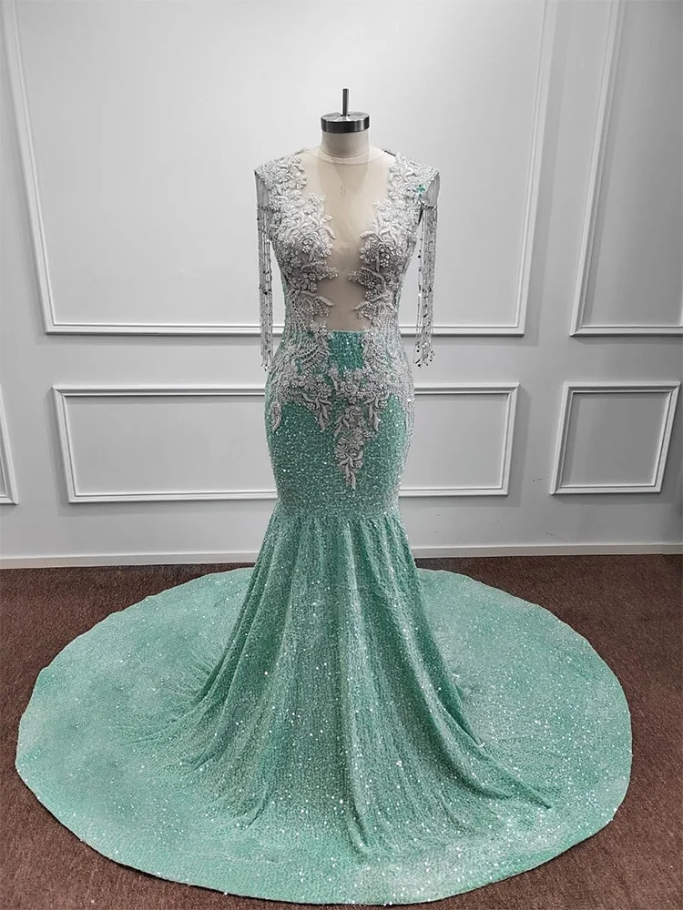 Sparkly Sequined Mint Green Prom Dress Pearls Beading Mermaid Appliques Embroidery Formal Party Evening Gowns Vestido De Fiesta