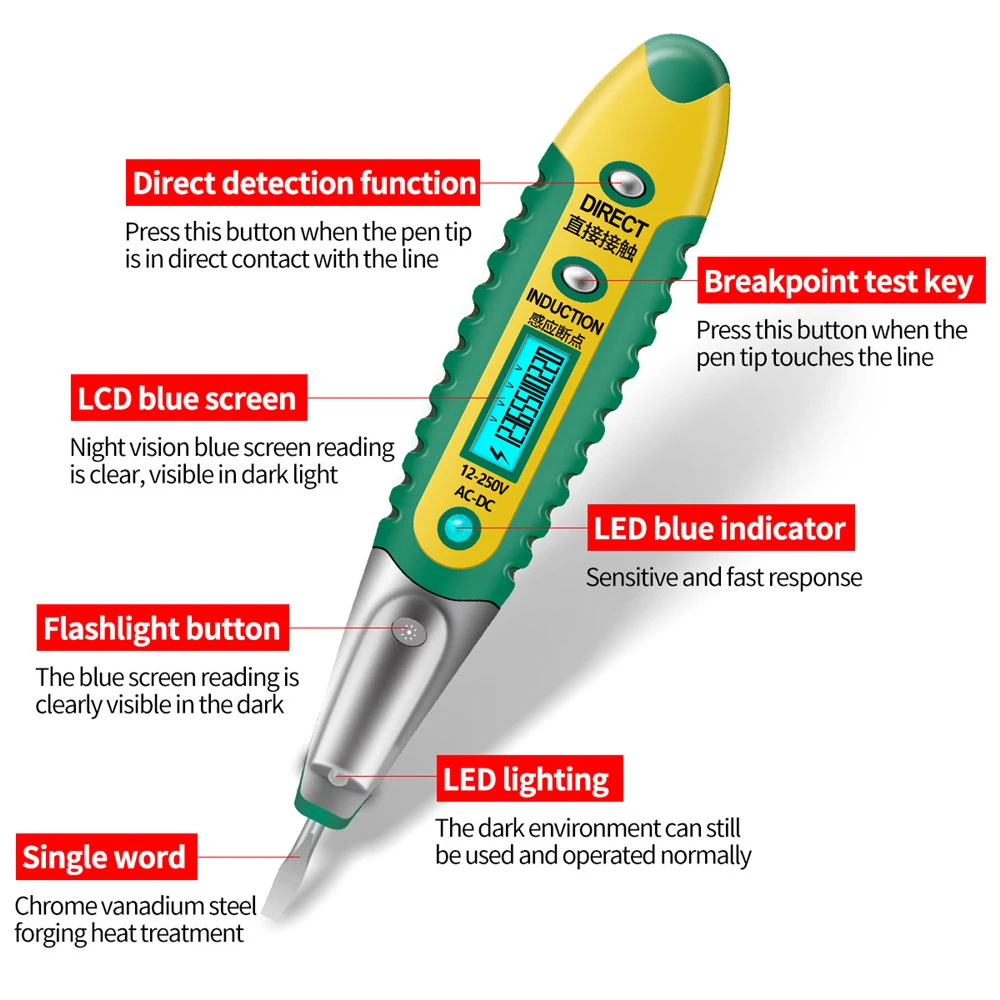 

MultiDigital AC/DC 12-250V Non-contact Voltage Detector Pen LCD Display Electric Mea