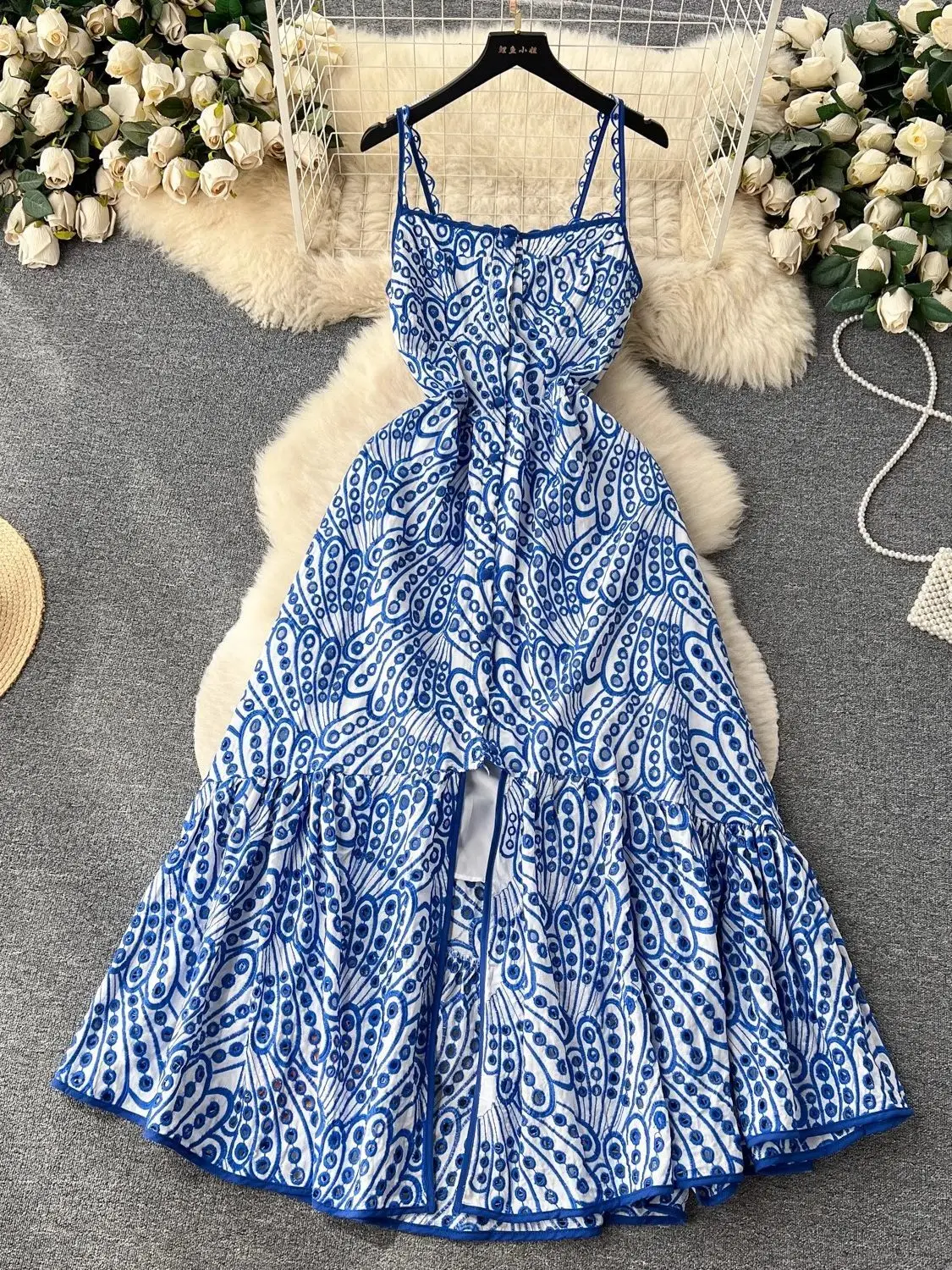 Summer Holiday Embroidery Cotton Long Dress Women's Strap Sundress Sexy Hollow Out Backless Single Breasted Ruffle Midi Vestidos