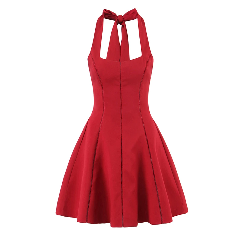 KEYANKETIAN Summer New Women's Halter Bandage Sleeveless Mini Dress Elegant Sexy Seam Detail Backless Puffy Dresses Solid color