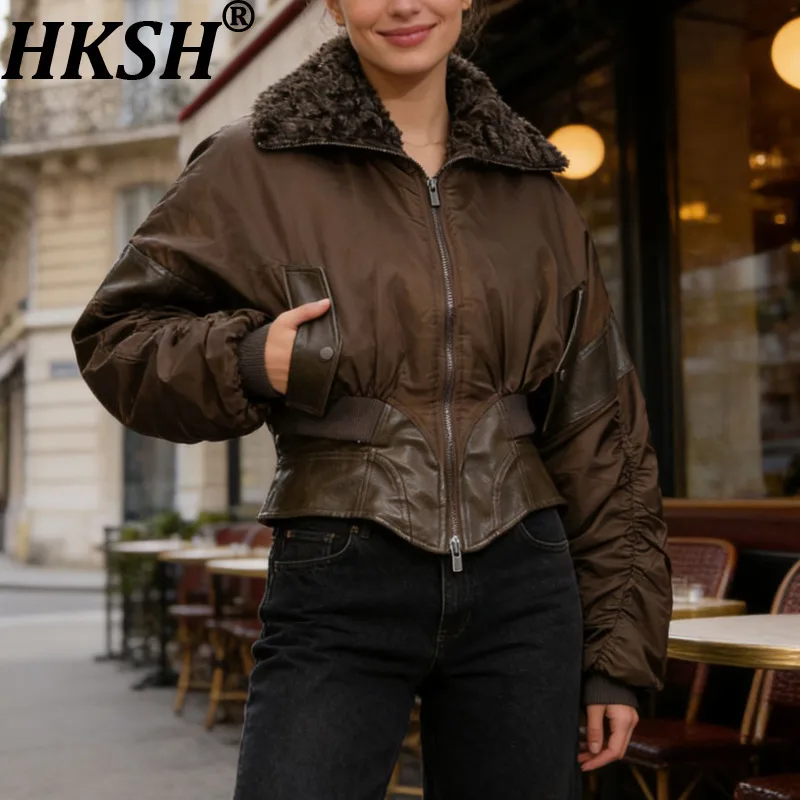 

HKSH Autumn Winter New Women Cotton-padded Coat Pleated Sleeves Fur Collar Spliced PU Leather Waist Cinching Warm Jacket HK17097
