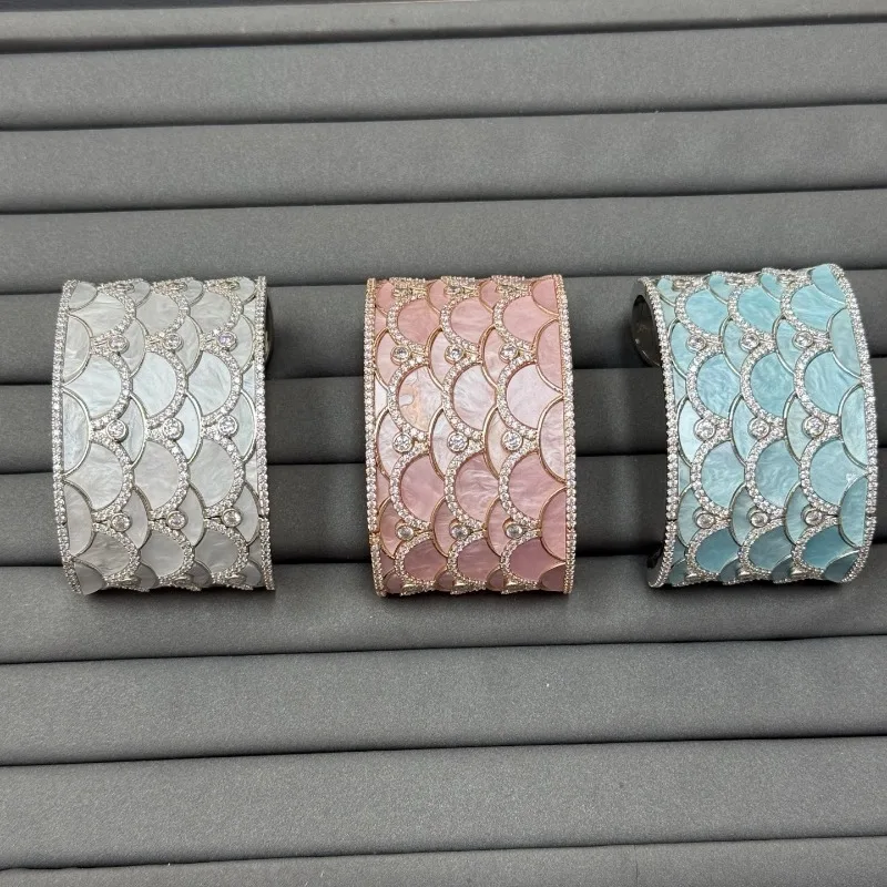 New Wide Open Bangle, Mother of Pearl Fish Scale Enamel Pave Rhinestone Mermaid Tail Cuff Bracelet