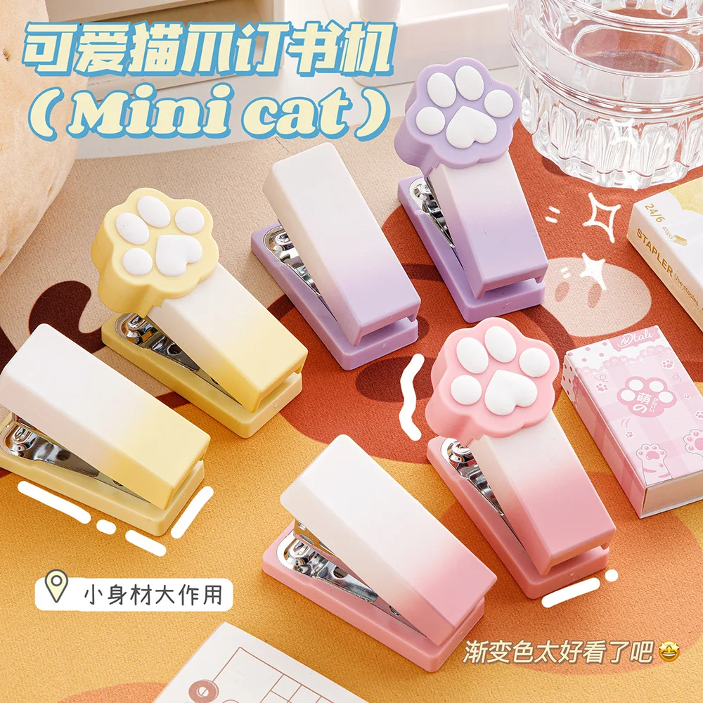 

Cute Cat Paw Gradient Stapler Set Mini Portable Color Paper Binding Machine Use 24/6 26/6 Staples Stationery Office Supplies