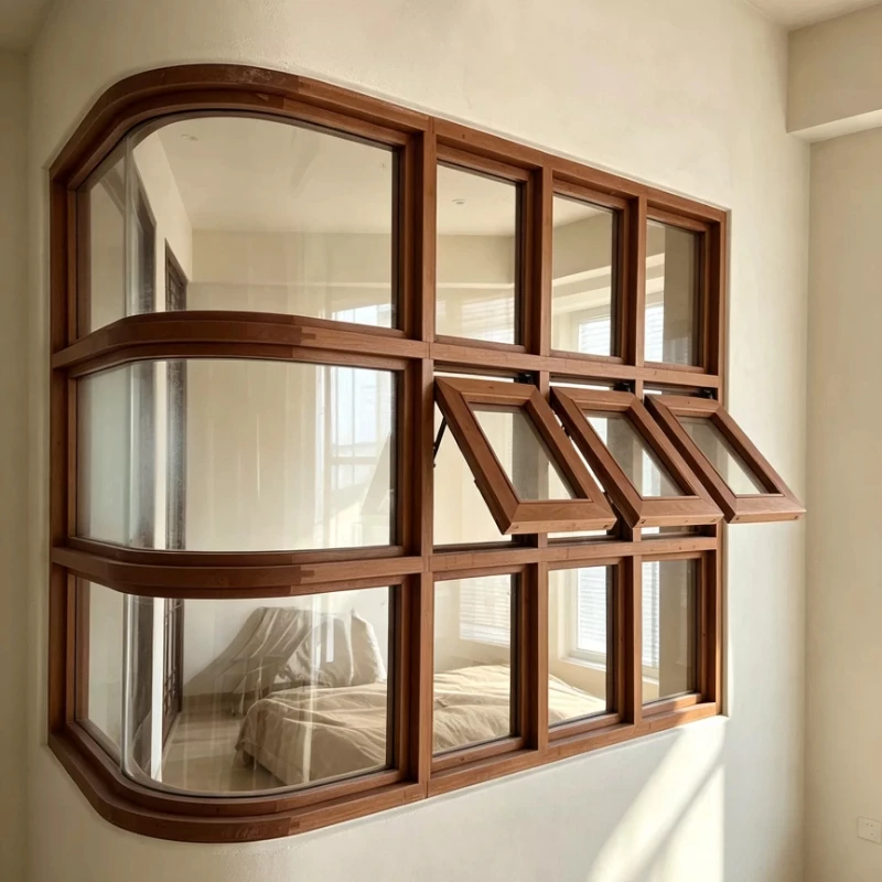 Solid wood curved corner wooden window upper window folding wooden left and right sliding doors and windows customization