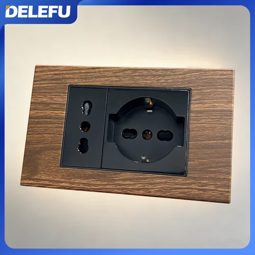 DELEFU-enchufe de pared de grano de madera de imitación, interruptor de presión de luz, color negro, con USb tipo C, estándar italiano, para oficina y hogar, enchufe europeo, 118 Carga rápida
