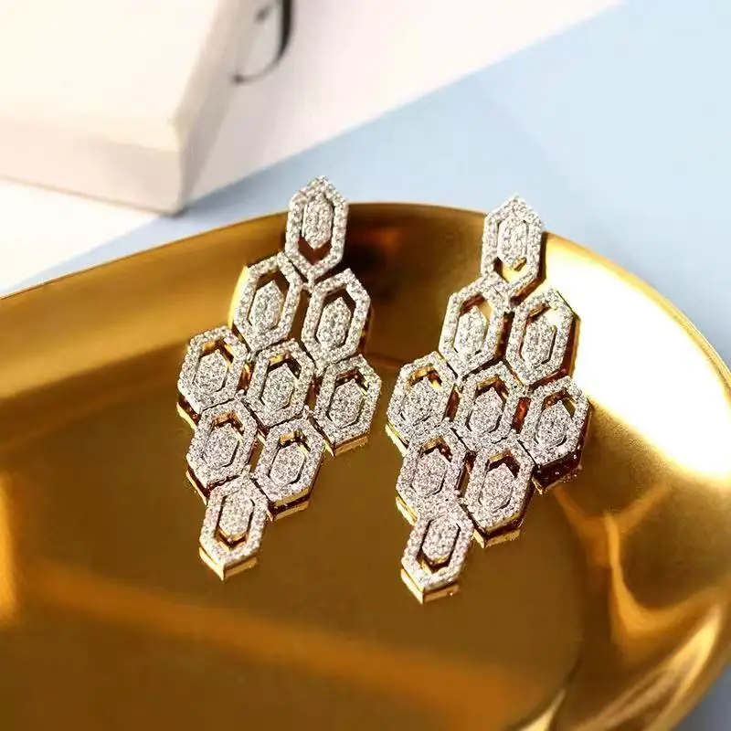 S925 pure silver European style micro-set ear stud with full diamonds, hexagonal earrings, hollow rhombus-shaped earrings design