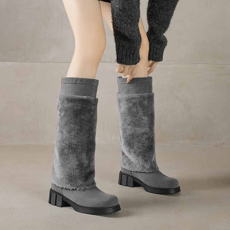 Winter Faux Fur Plush Warm Women Snow Boots Round Toe Square Chunky High Heels Mature Furry Mid-calf Warm Shoes for Cold Weather