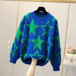 Casual Stars Patchwork maglioni abbigliamento donna autunno inverno spessa floccaggio elegante coreano sciolto tutto-fiammifero girocollo maglioni