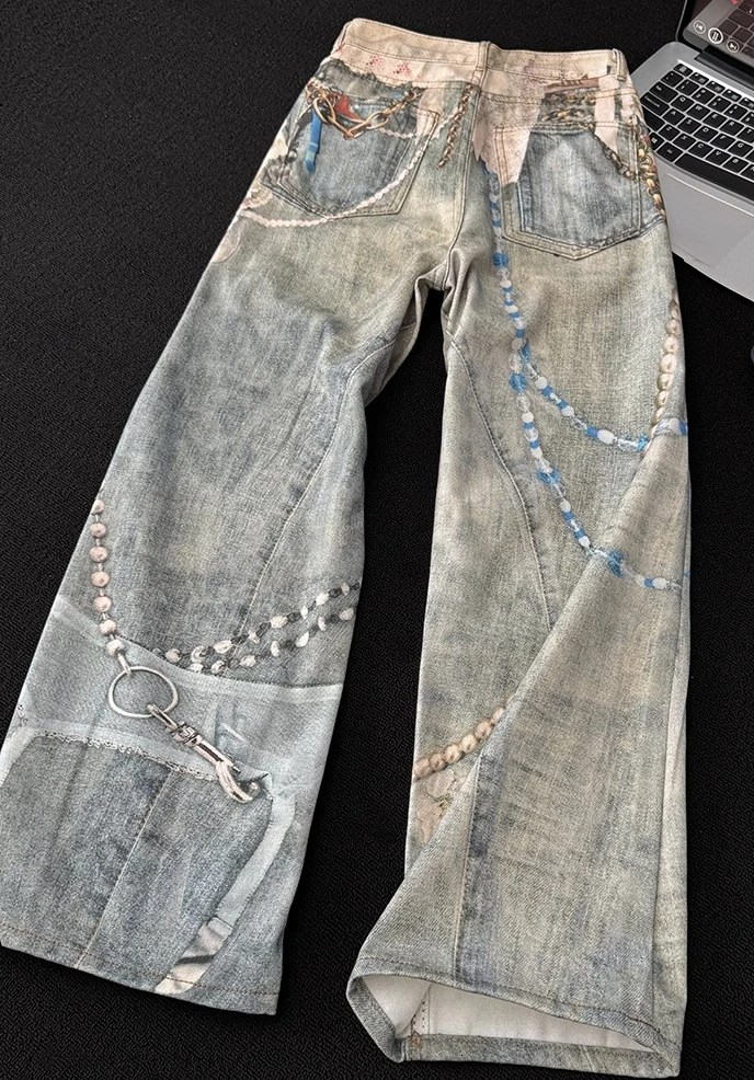 2025 الربيع والخريف جديد النمط الأمريكي الدانتيل اللؤلؤ سلسلة التعادل صبغ الثقيلة ثلاثية الأبعاد الطباعة الرقمية فضفاض عادية مستقيم الجينز #6