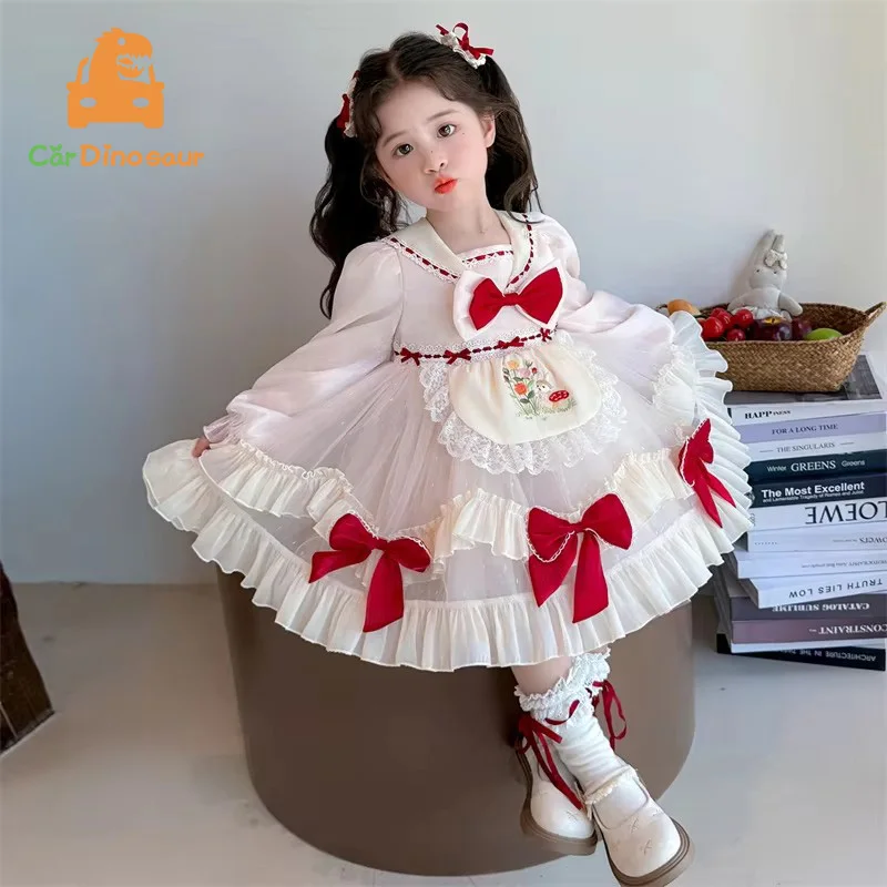 

Новое модное детское платье для девочек 2-10 лет на весну-осень 2026 года: праздничное, с вышивкой, цветочным узором и бантом, с длинным рукавом