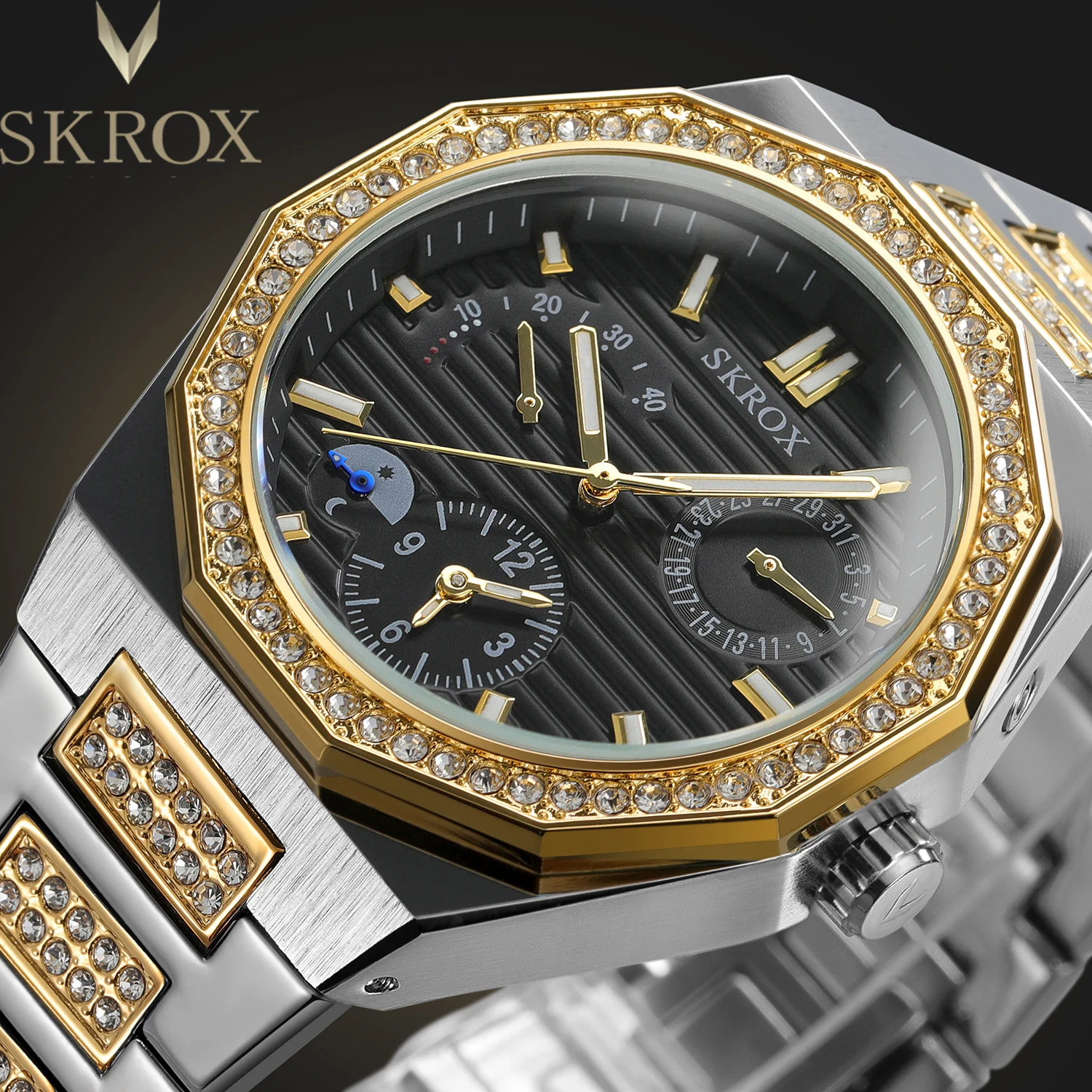 SKROX GMT Dual Time-Zones Power Display Shanghai Automatic Movement Man Watch Stainless Steel Mechanical High Quality Clockwork