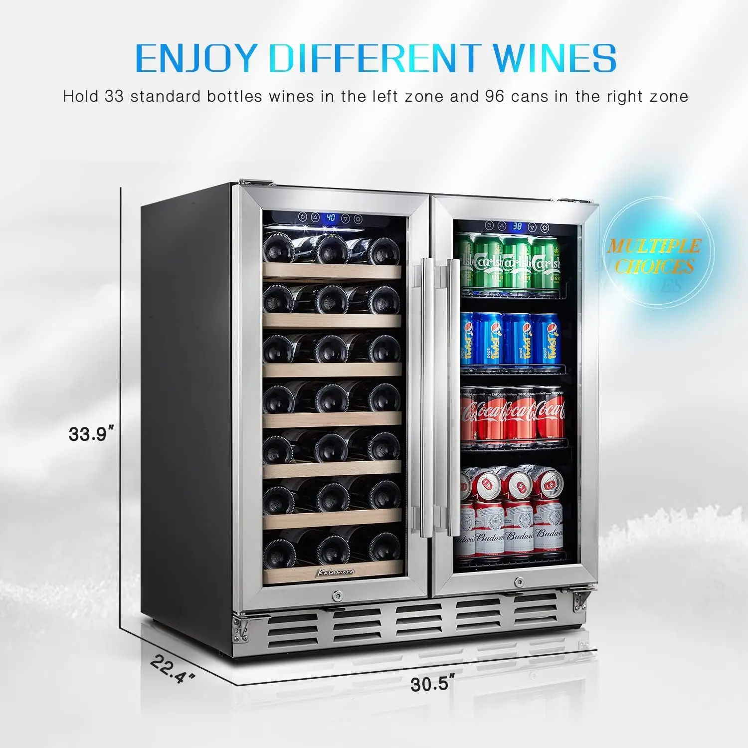 Geladeira para vinho e bebidas, geladeira para vinho de 30 polegadas, zona dupla, comporta 33 garrafas e 96 latas, controle de toque digital, embutido ou fr